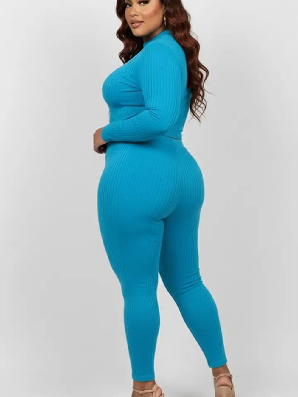Ribbed Long-Sleeve Top And Leggings in Ibiza Blue.